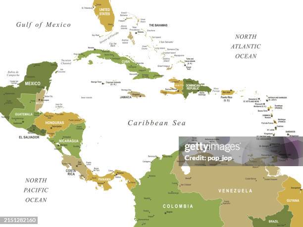 ilustraciones, imágenes clip art, dibujos animados e iconos de stock de mapa de américa central. mapa vectorial coloreado de américa latina - map caribean