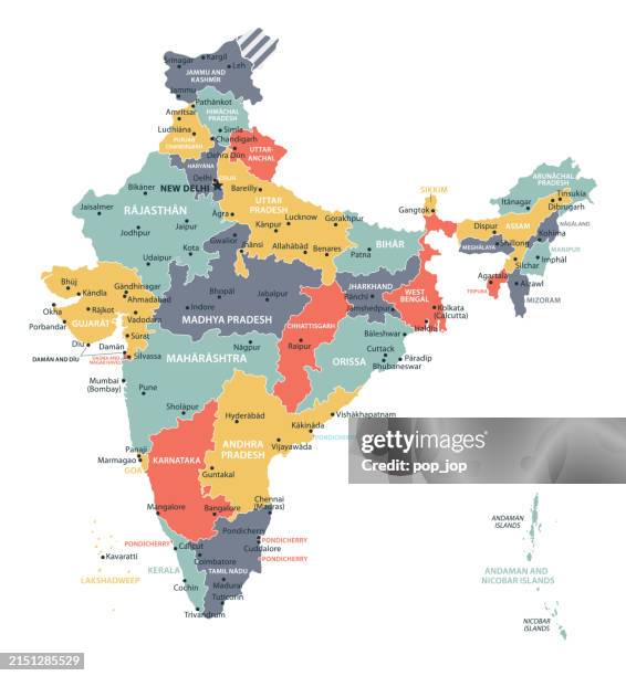 bildbanksillustrationer, clip art samt tecknat material och ikoner med india map. vector colored map of india - political map of india