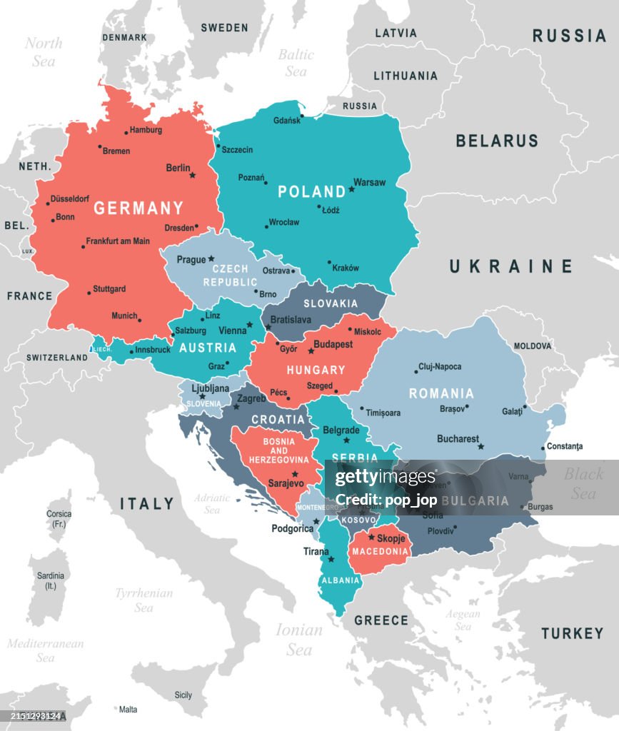 中央ヨーロッパの地図。中央ヨーロッパのベクトル色付き地図