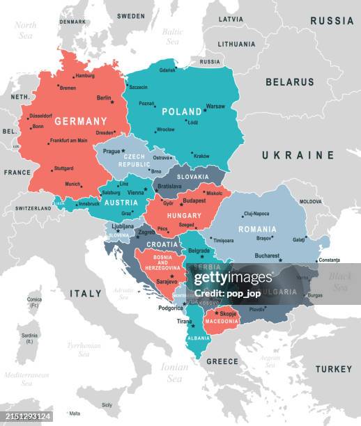 central europe map. vector colored map of central europe - map of eastern europe stock illustrations