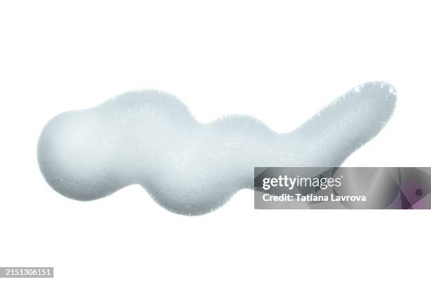 close up of swatch of light blue cleaning, shaving foam isolated on white background. beauty, morning routine, cosmetics, wellness, skincare - bain moussant photos et images de collection