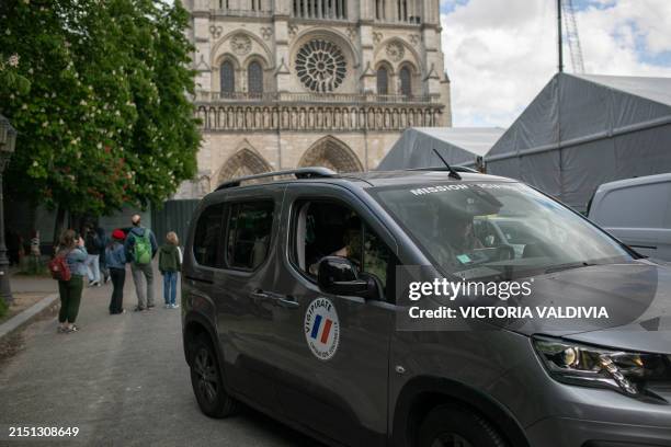Brigade of the Vigipirate sentinel operation is guarding the area near the Notre Dame Cathedral in Paris, France on May 3, 2024. The reconstruction,...