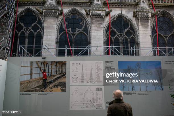 Tourists stroll along the sides of the Notre Dame Cathedral in Paris, France on May 3, 2024. The reconstruction, which aims to be ready before the...