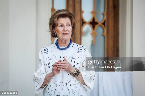 Queen Sonja of Norway attends The Official Opening of The Exhibition of Italian Artist Davide Rivalta's Sculptures at Oscarshall on May 03, 2024 in...