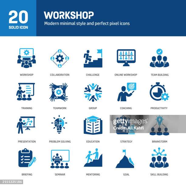 workshop glyph solid icons. containing business, seminar, training, teamwork, coaching solid icons collection. vector illustration. for website design, logo, app, template, ui, etc. - learning objectives icon stock illustrations