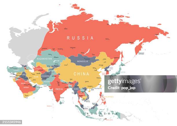 asia map. vector colored map of asia - mongolia stock illustrations