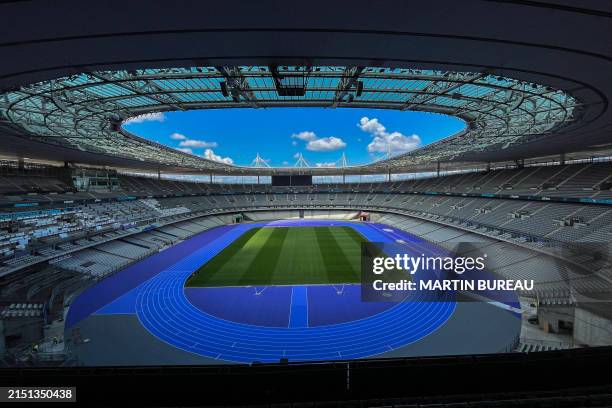 This photograph shows a general view of the new track of the Stade de France, the Olympic Stadium of the Paris 2024 Olympic and Paralympic Games, in...