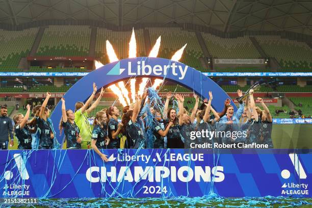 Sydney FC celebrate with the trophy during the A-League Women Grand Final match between Melbourne City and Sydney FC at AAMI Park, on May 04 in...