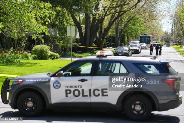 Toronto police investigate outside rapper Drake's mansion after an overnight shooting that hospitalized a security on May 7, 2024 in Toronto,...