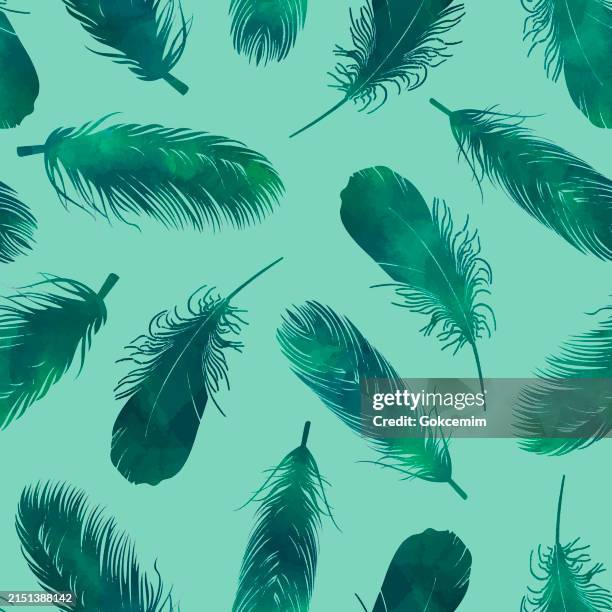 watercolor seamless pattern with green feathers. design element for greeting cards and wedding, birthday and other holiday and summer invitation cards background. - feather pattern stock illustrations