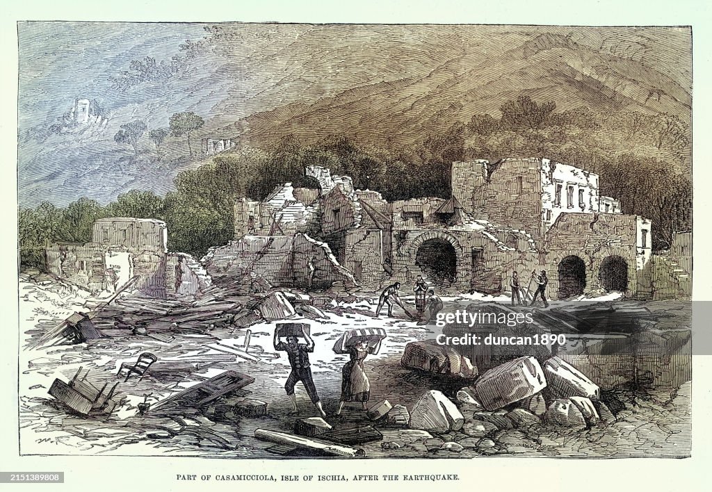 Ruins in Casamicciola after an earthquake on the Island of Ischia a volcanic island in the Gulf of Naples, Italy, 1881, Victorian History, Vintage illustration