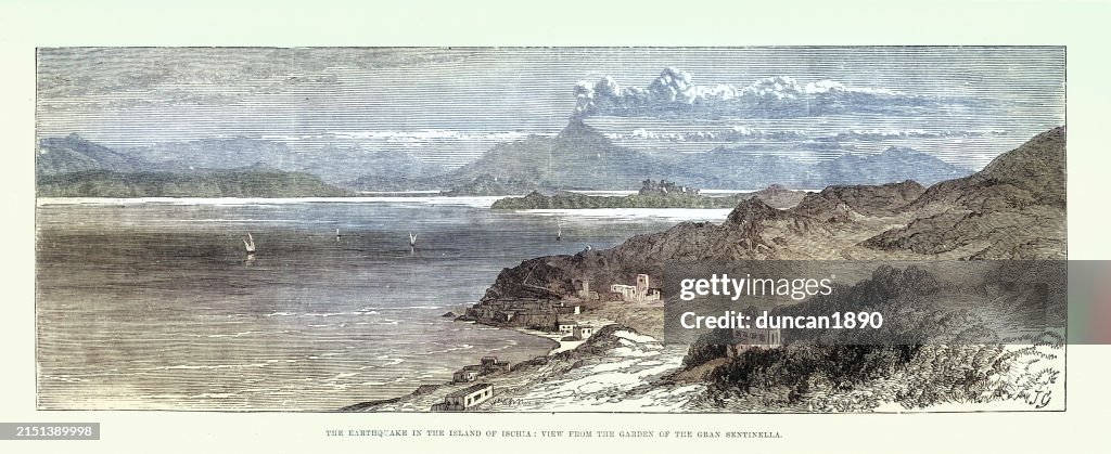 View on the Island of Ischia a volcanic island in the Gulf of Naples, Italy, 1881, Victorian History, Vintage illustration