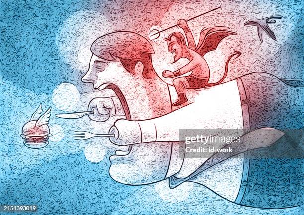 red evil riding hungry businessman who chasing flying hamburger - burger mid air stock illustrations
