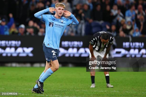 Jaiden Kucharski of Sydney FC celebrates scoring a goal with his teammates during the A-League Men Elimination Final match between Sydney FC and...