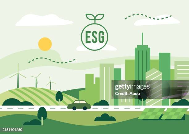 grüner öko-stadthintergrund - klimaschutz stock-grafiken, -clipart, -cartoons und -symbole