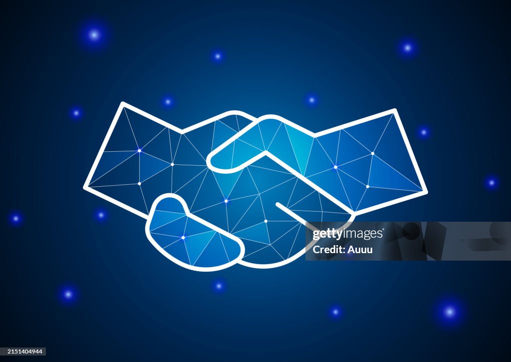 Business Handshake Lines And Triangles Point Connecting Network On Blue ...