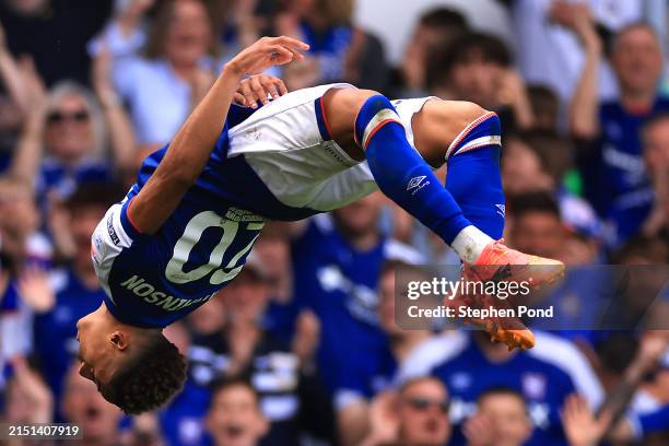 Omari Hutchinson of Ipswich Town celebrates scoring their second goal during the Sky Bet Championship match between Ipswich Town and Huddersfield...