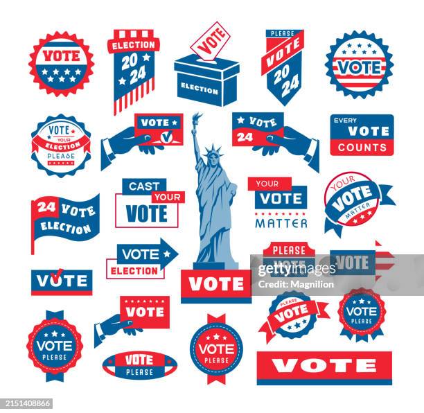 illustrations, cliparts, dessins animés et icônes de politique américaine, vote, vector set badges - voter