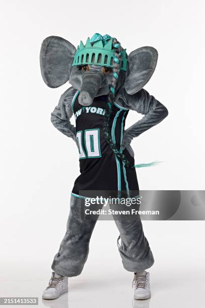 Mascot Ellie the Elephant of the New York Liberty poses for a portrait during WNBA Media Day at ZeroSpace on May 5, 2024 in Brooklyn, New York. NOTE...
