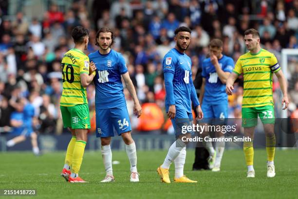 Dimitris Giannoulis of Norwich City shakes hands with Ivan Sunjic of Birmingham City after the Sky Bet Championship match between Birmingham City and...