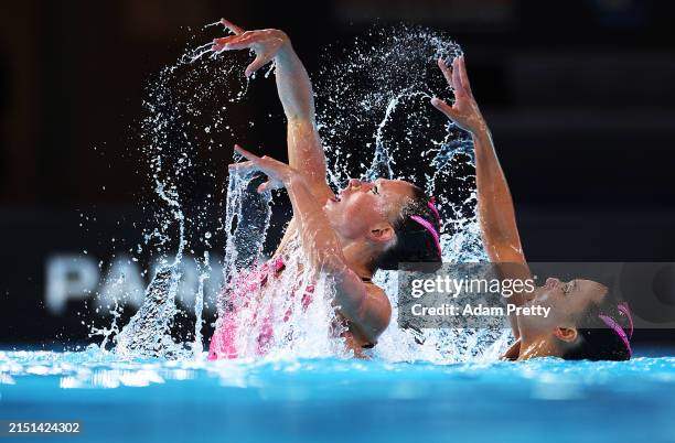 Jaime Czarkowski and Megumi Field of Team USA perform their routine in the Women's Duet Free during the World Aquatics Artistic Swimming World Cup...
