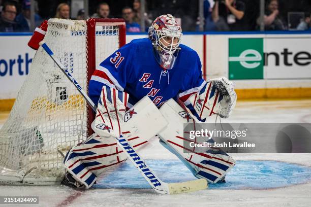 Igor Shesterkin of the New York Rangers tends net during the third period against the Carolina Hurricanes in Game Two of the Second Round of the 2024...