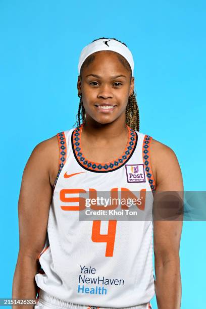 Moriah Jefferson of the Connecticut Sun poses for a head shot during WNBA Media Day on May 4, 2024 at Mohegan Sun Arena in Uncasville, Connecticut....