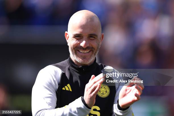 Leicester City manager Enzo Maresca celebrates promotion during the Sky Bet Championship match between Leicester City and Blackburn Rovers at The...