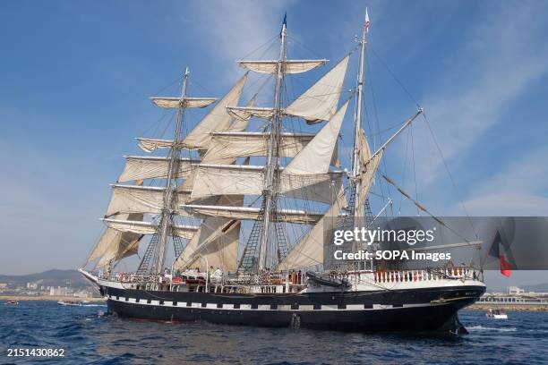 The French three-masted ship Belem seen in the bay of Marseille. The French three masted ship was chosen to transport the Olympic flame from Athens...