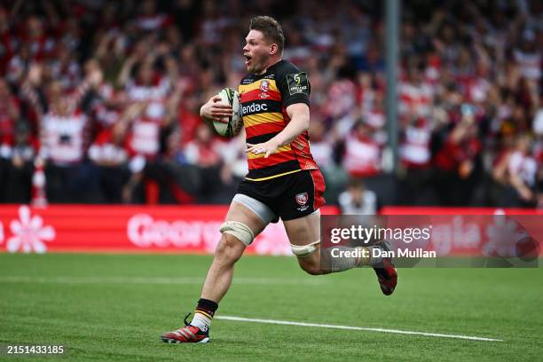 Freddie Clarke of Gloucester Rugby runs in to score his team's fourth try during the EPCR Challenge Cup Semi Final match between Gloucester Rugby and...