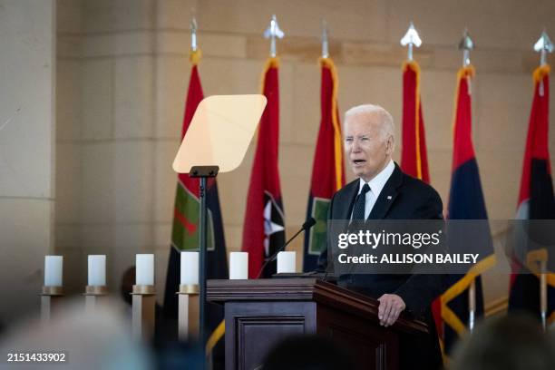 President Joe Biden speaks at a Holocaust remembrance ceremony at the U.S. Capitol, Washington, DC, May 7, 2024. The event marks Holocaust...