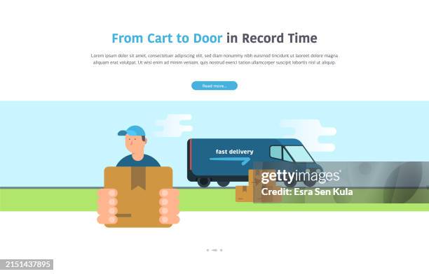 a website banner template design featuring an illustration of a courier carrying a delivery near a delivery truck. - supermarket delivery stock illustrations