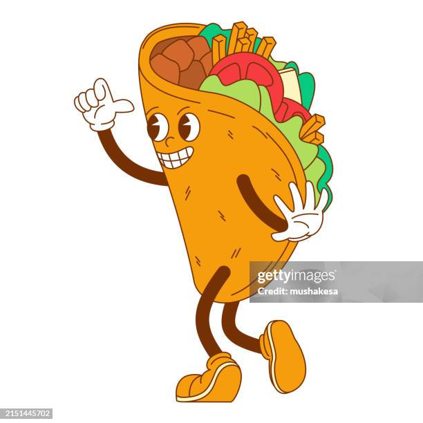 taco groovy comic character - mexican restaurant stock illustrations