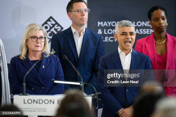 Incumbent Labour Mayor, Sadiq Khan, reacts after winning a historic third term in office, beating the Conservative candidate, Susan Hall , Lib Dem...