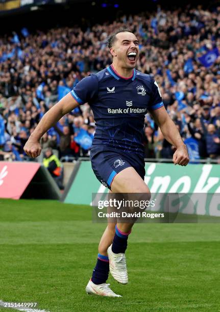 James Lowe of Leinster Rugby celebrates scoring his team's third try, to complete his hat-trick, during the Investec Champions Cup Semi Final match...