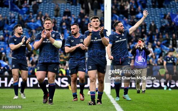Tadhg Furlong and Dan Sheehan of Leinster Rugby applaud the fans with teammates after defeating Northampton Saints during the Investec Champions Cup...
