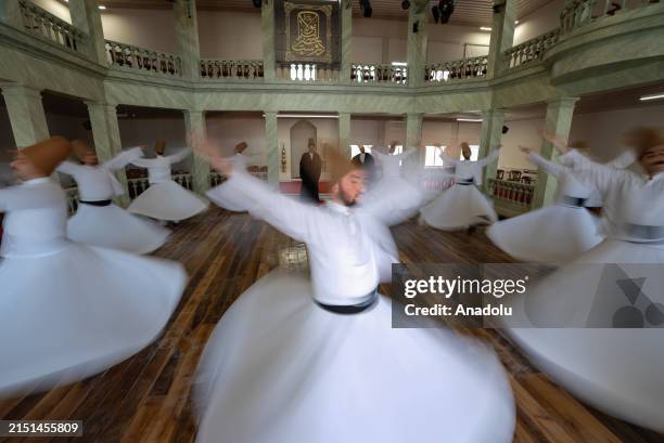 Whirling dervishes perform at Kasimpasha Mevlevi House, the third largest mevlevihane in Istanbul, Turkiye set to reopen on May 11th after its...