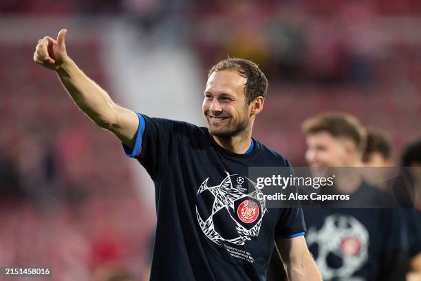 Daley Blind of Girona FC shows appreciation to the fans whilst wearing a UEFA Champions League shirt following victory in the LaLiga EA Sports match...