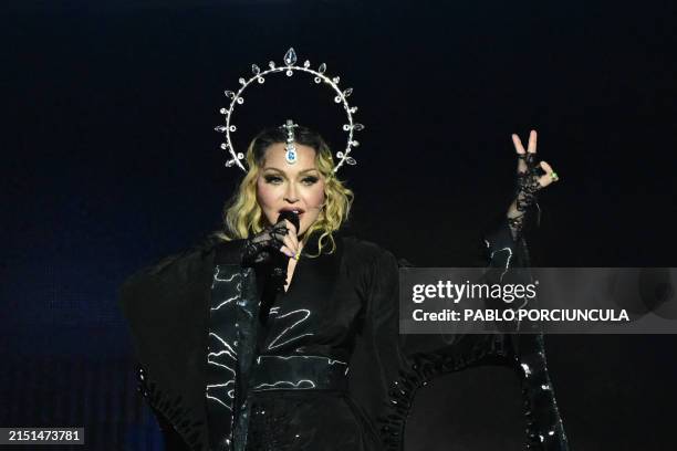 Pop star Madonna performs onstage during a free concert at Copacabana beach in Rio de Janeiro, Brazil, on May 4, 2024. . Madonna ended her "The...