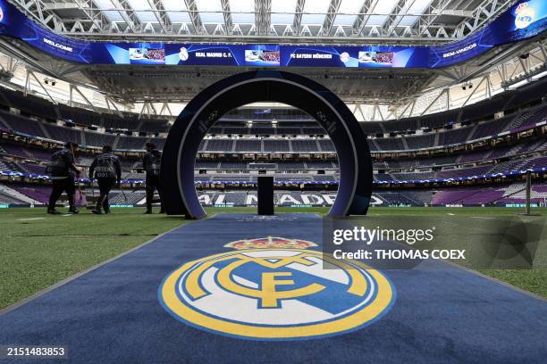 Carpet with a print of Real Madrid's badge is seen ahead of the UEFA Champions League semi final second leg football match between Real Madrid CF and...