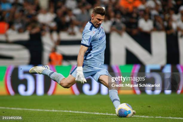 Goalkeeper Joao Ricardo of Fortaleza kicks the ball during a match between Corinthians and Fortaleza as part of Brasileirao Series A 2024 at Neo...