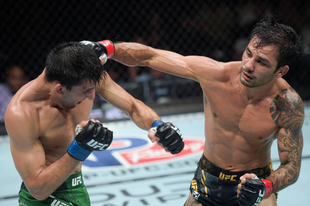 Alexandre Pantoja of Brazil punches Steve Erceg of Australia in a UFC flyweight championship bout during the UFC 301 event at Farmasi Arena on May...