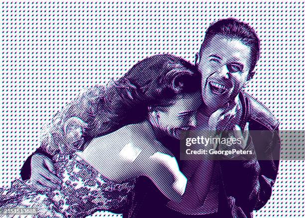 playful retro couple embracing and laughing with glitch technique - car obsessed stock illustrations