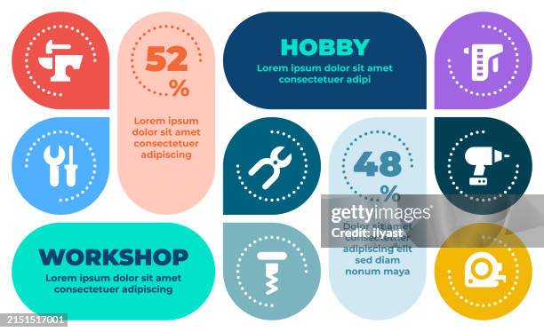 infographic layout design with icons for hobby & workshop - onboarding infographic stock illustrations