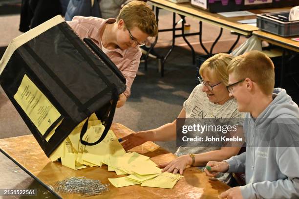 Ballot papers arrive to be counted after voters went to the polls in the UK local elections at Southend Leisure and Tennis Centre on May 02, 2024 in...