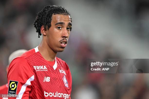 Leny Yoro of Lille OSC during the French Ligue 1 match between Lille OSC and Olympique Lyonnais at Pierre-Mauroy Stadium on May 6, 2023 in Lille,...