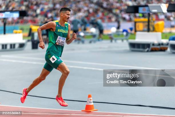 August 19: Matthew Clarke of Australia in action at the water jump in the Men's 3000m Steeplechase heat one during the World Athletics Championships,...