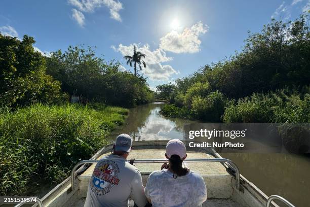 People take part in a boat tour in Everglades National Park, United States on May 6, 2024.