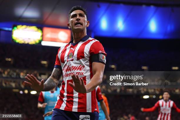 Victor Guzman of Chivas celebrates after scoring the team's first goal during the quarterfinals first leg match between Chivas and Toluca as part of...