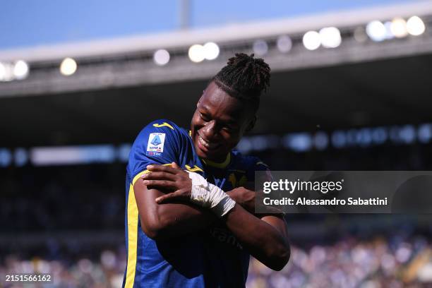 Tijjani Noslin of Hellas Verona FC celebrates scoring his team's second goal during the Serie A TIM match between Hellas Verona FC and ACF Fiorentina...
